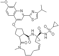 structure of CAS# 923604-59-5, TMC 435350;(2R,3aR,10Z,11aS,12aR,14aR)-N-(Cyclopropylsulfonyl)-2,3,3a,4,5,6,7,8,9,11a,12,13,14,14a-tetradecahydro-2-[[7-methoxy-8-methyl-2-[4-(1-methylethyl)-2-thiazolyl]-4-quinolinyl]oxy]-5-methyl-4,14-dioxocyclopenta[c]cyclopropa[g][1,6]diazacyclotetradecine-12a(1H)-carboxamide