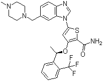structure of CAS# 929095-18-1, GSK-461364;5-[6-[(4-Methyl-1-piperazinyl)methyl]-1H-benzimidazol-1-yl]-3-[(1R)-1-[2-(trifluoromethyl)phenyl]ethoxy]-2-thiophenecarboxamide