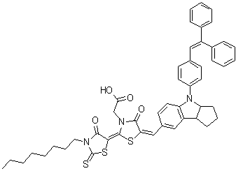 structure of CAS# 936336-21-9, D 205 (dye);5-[[4-[4-(2,2-Diphenylethenyl)phenyl]-1,2,3,3a,4,8b-hexahydrocyclopent[b]indol-7-yl]methylene]-2-(3-octyl-4-oxo-2-thioxo-5-thiazolidinylidene)-4-oxo-3-thiazolidineacetic acid; D 205