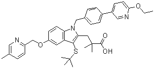 structure of CAS# 936350-00-4, Fiboflapon;3-[(1,1-Dimethylethyl)thio]-1-[[4-(6-ethoxy-3-pyridinyl)phenyl]methyl]-alpha,alpha-dimethyl-5-[(5-methyl-2-pyridinyl)methoxy]-1H-indole-2-propanoic acid; AM 803; GSK 2190915