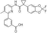 结构式 CAS# 936727-05-8, VX 809; 3-[6-[[[1-(2,2-二氟-1,3-苯并二氧戊环-5-基)环丙基]羰基]氨基]-3-甲基-2-吡啶基]苯甲酸