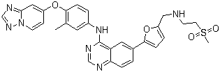 structure of CAS# 937265-83-3, ARRY 380;6-[5-[[[2-(Methylsulfonyl)ethyl]amino]methyl]-2-furanyl]-N-[3-methyl-4-([1,2,4]triazolo[1,5-a]pyridin-7-yloxy)phenyl]-4-quinazolinamine
