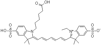 结构式 CAS# 943298-08-6, 2-[7-[1-(5-羧基戊基)-1,3-二氢-3,3-二甲基-5-磺基-2H-吲哚-2-亚基]-1,3,5-庚三烯-1-基]-1-乙基-3,3-二甲基-5-磺基-3H-吲哚鎓内盐