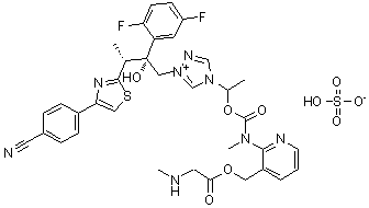structure of CAS# 946075-13-4, Isavuconazonium sulfate;N-Methylglycine [2-[[[1-[1-[(2R,3R)-3-[4-(4-cyanophenyl)-2-thiazolyl]-2-(2,5-difluorophenyl)-2-hydroxybutyl]-4H-1,2,4-triazolium-4-yl]ethoxy]carbonyl]methylamino]-3-pyridinyl]methyl ester sulfate (1:1); BAL 8557-002
