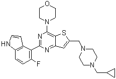 结构式 CAS# 955977-50-1, 6-[[4-(环丙基甲基)-1-哌嗪基]甲基]-2-(5-氟-1H-吲哚-4-基)-4-(4-吗啉基)噻吩并[3,2-d]嘧啶