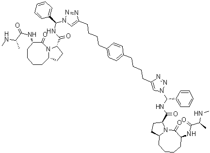 structure of CAS# 957135-43-2, SM 164;(3S,3'S,6S,6'S,10aS,10'aS)-N,N'-[1,4-Phenylenebis[4,1-butanediyl-1H-1,2,3-triazole-1,4-diyl[(S)-phenylmethylene]]]bis[decahydro-6-[[(2S)-2-(methylamino)-1-oxopropyl]amino]-5-oxo-pyrrolo[1,2-a]azocine-3-carboxamide; SM 164 (pharmaceutical)