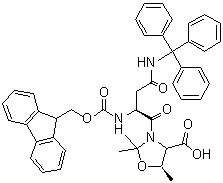 structure of CAS# 957780-59-5, (5R)-3-[(2S)-2-[[(9H-Fluoren-9-ylmethoxy)carbonyl]amino]-1,4-dioxo-4-[(triphenylmethyl)amino]butyl]-2,2,5-trimethyl-4-oxazolidinecarboxylic acid