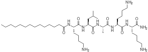 structure of CAS# 959610-30-1, N2-(1-Oxotetradecyl)-L-lysyl-L-leucyl-L-alanyl-L-lysyl-L-lysinamide;N-[(2S)-6-amino-1-[[(2S)-1-[[(2S)-1-[[(2S)-6-amino-1-[[(2S)-1,6-diamino-1-oxohexan-2-yl]amino]-1-oxohexan-2-yl]amino]-1-oxopropan-2-yl]amino]-4-methyl-1-oxopentan-2-yl]amino]-1-oxohexan-2-yl]tetradecanamide