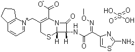 结构式 CAS# 98753-19-6, 硫酸头孢匹罗; 1-[7-(2-氨基-4-噻唑基)-2-(甲氧亚氨基)乙酰氨基]-2-羧基-8-氧代-5-硫杂-1-氮杂双环[4.2.0]辛-2-烯-3-基]甲基-6,7-二氢-5H-环戊二烯并吡啶鎓硫酸盐