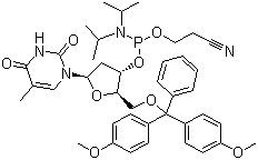 结构式 CAS# 98796-51-1, 5'-(4,4'-二甲氧基三苯基)-3'-脱氧胸苷 2'-(2-氰乙基-N,N-二异丙基)亚磷酰胺; 5'-(4,4'-二甲氧基三苯基)-3'-脱氧胸甙 2'-(2-氰乙基-N,N-二异丙基)亚磷酰胺